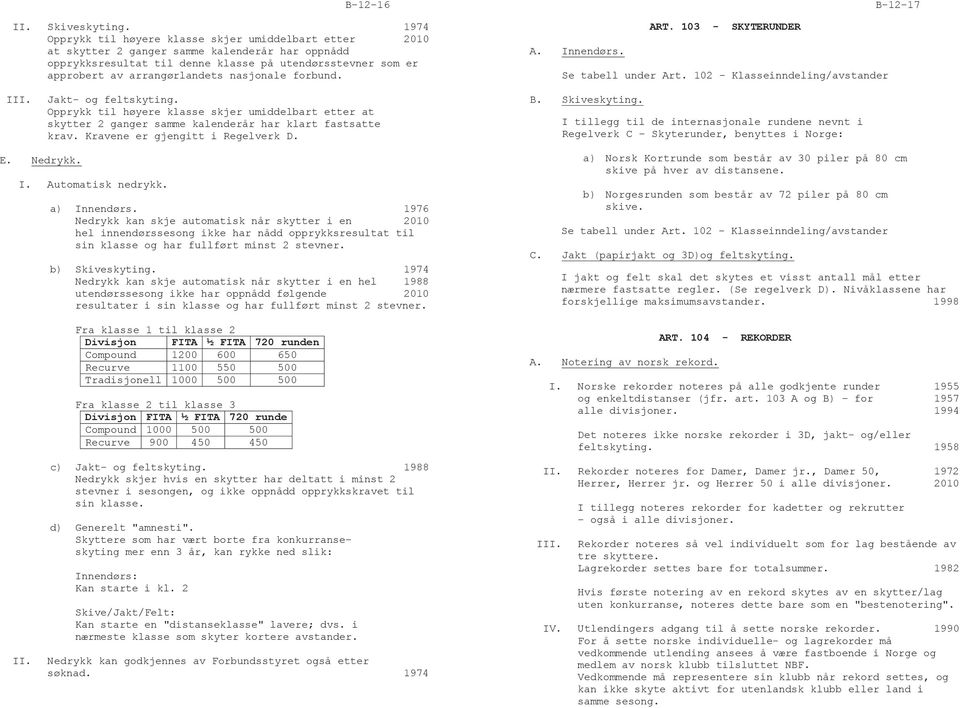 nasjonale forbund. B-12-17 ART. 103 - SKYTERUNDER A. Innendørs. Se tabell under Art. 102 Klasseinndeling/avstander Jakt- og feltskyting.