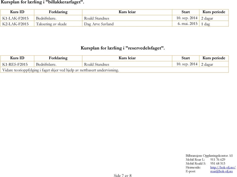 2015 1 dag Kursplan for lærling i reservedelsfaget. K1-RES-F2015 Bedriftslære.