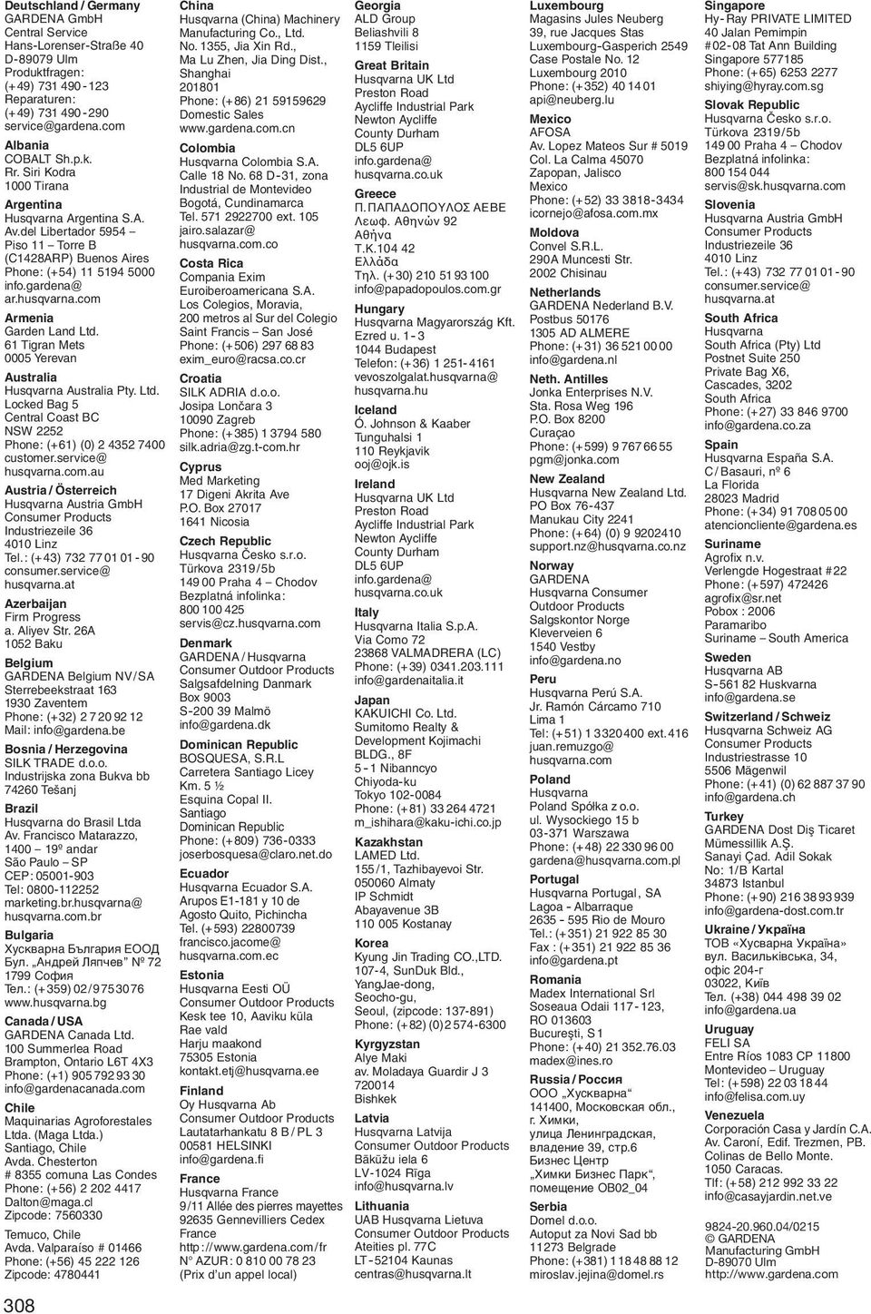 com Armenia Garden Land Ltd. 61 Tigran Mets 0005 Yerevan Australia Husqvarna Australia Pty. Ltd. Locked Bag 5 Central Coast BC SW 2252 Phone: (+61) (0) 2 4352 7400 customer.service@ husqvarna.com.au Austria / Österreich Husqvarna Austria GmbH Consumer Products Industriezeile 36 4010 Linz Tel.