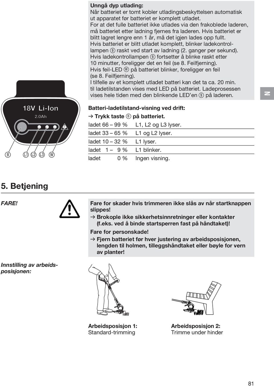 Hvis batteriet er blitt utladet komplett, blinker ladekontrollampen 9 raskt ved start av ladning (2. ganger per sekund).