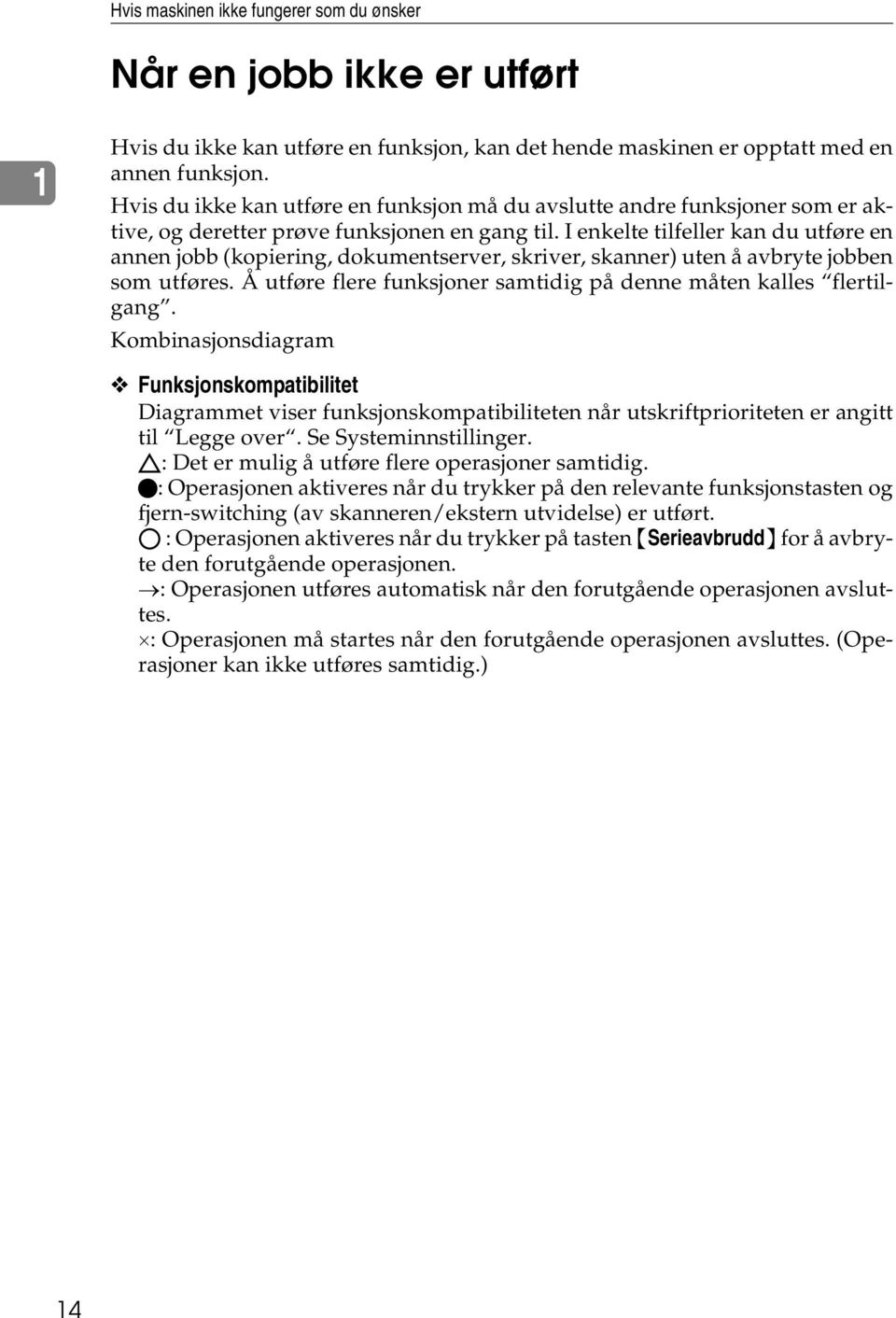 I enkelte tilfeller kan du utføre en annen jobb (kopiering, dokumentserver, skriver, skanner) uten å avbryte jobben som utføres. Å utføre flere funksjoner samtidig på denne måten kalles flertilgang.