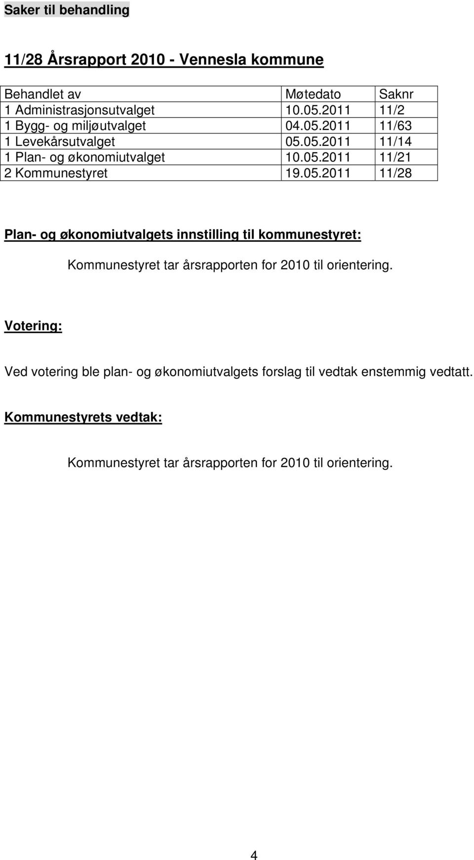 05.2011 11/28 Plan- og økonomiutvalgets innstilling til kommunestyret: Kommunestyret tar årsrapporten for 2010 til orientering.