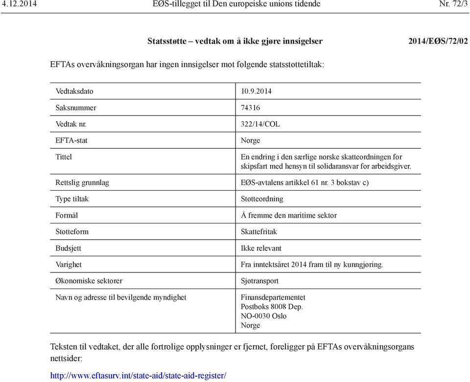 EFTA-stat Tittel 322/14/COL Norge En endring i den særlige norske skatteordningen for skipsfart med hensyn til solidaransvar for arbeidsgiver. Rettslig grunnlag EØS-avtalens artikkel 61 nr.