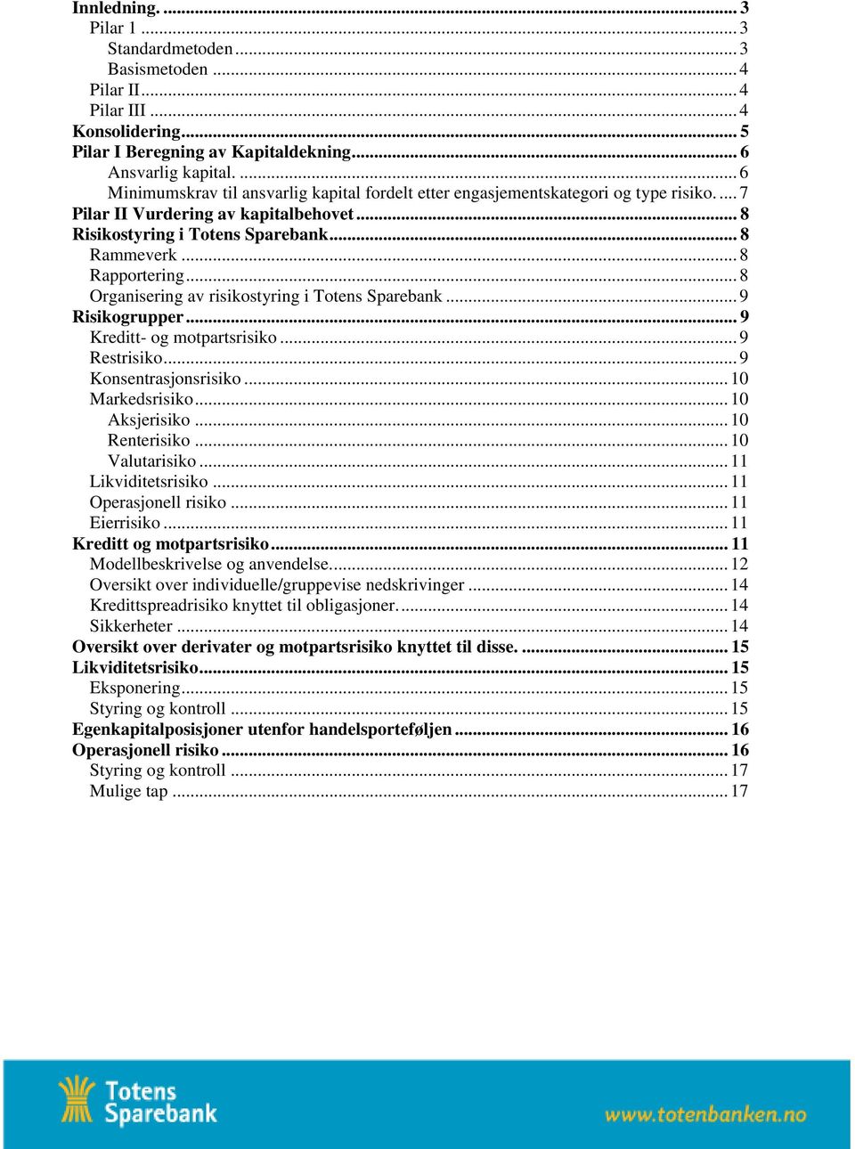 .. 8 Rapportering... 8 Organisering av risikostyring i Totens Sparebank... 9 Risikogrupper... 9 Kreditt- og motpartsrisiko... 9 Restrisiko... 9 Konsentrasjonsrisiko... 10 Markedsrisiko.