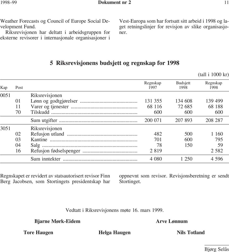 organisasjoner. 5 Riksrevisjonens budsjett og regnskap for 1998 (tall i 1000 kr) Regnskap Budsjett Regnskap Kap Post 1997 1998 1998 0051 Riksrevisjonen 01 Lønn og godtgjørelser.