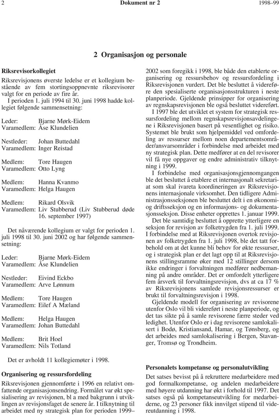 juni 1998 hadde kollegiet følgende sammensetning: Leder: Bjarne Mørk-Eidem Varamedlem: Åse Klundelien Nestleder: Johan Buttedahl Varamedlem: Inger Reistad Medlem: Tore Haugen Varamedlem: Otto Lyng