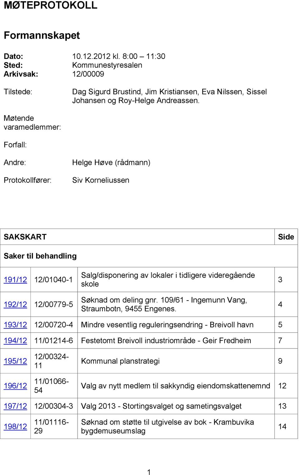 Møtende varamedlemmer: Forfall: Andre: Protokollfører: Helge Høve (rådmann) Siv Korneliussen SAKSKART Side Saker til behandling 191/12 12/01040-1 192/12 12/00779-5 Salg/disponering av lokaler i