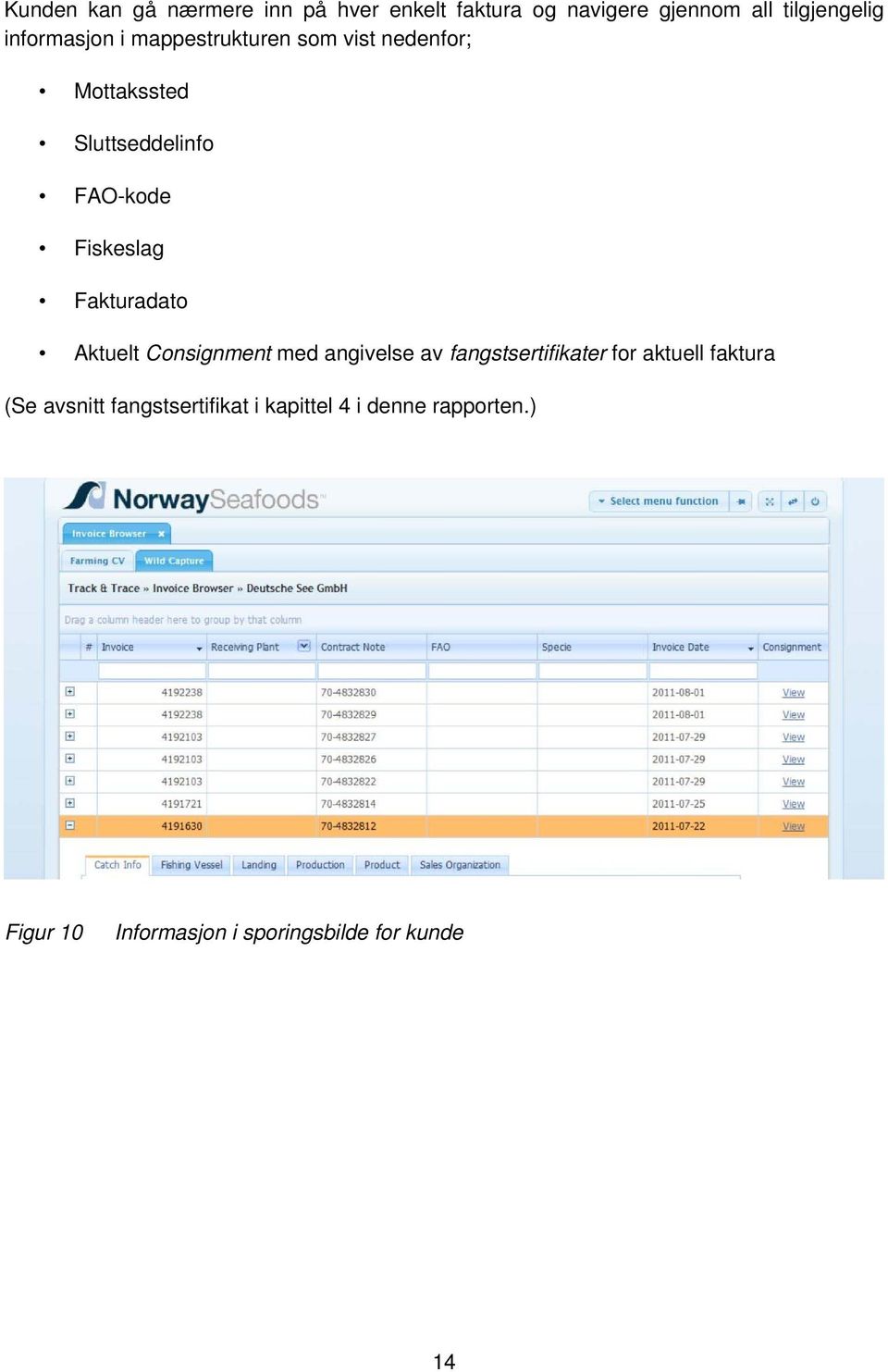 Fakturadato Aktuelt Consignment med angivelse av fangstsertifikater for aktuell faktura (Se