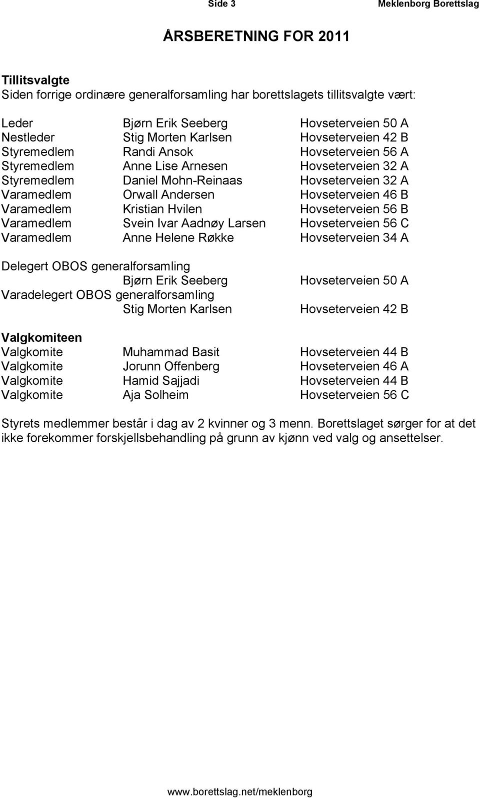 Andersen Hovseterveien 46 B Varamedlem Kristian Hvilen Hovseterveien 56 B Varamedlem Svein Ivar Aadnøy Larsen Hovseterveien 56 C Varamedlem Anne Helene Røkke Hovseterveien 34 A Delegert OBOS