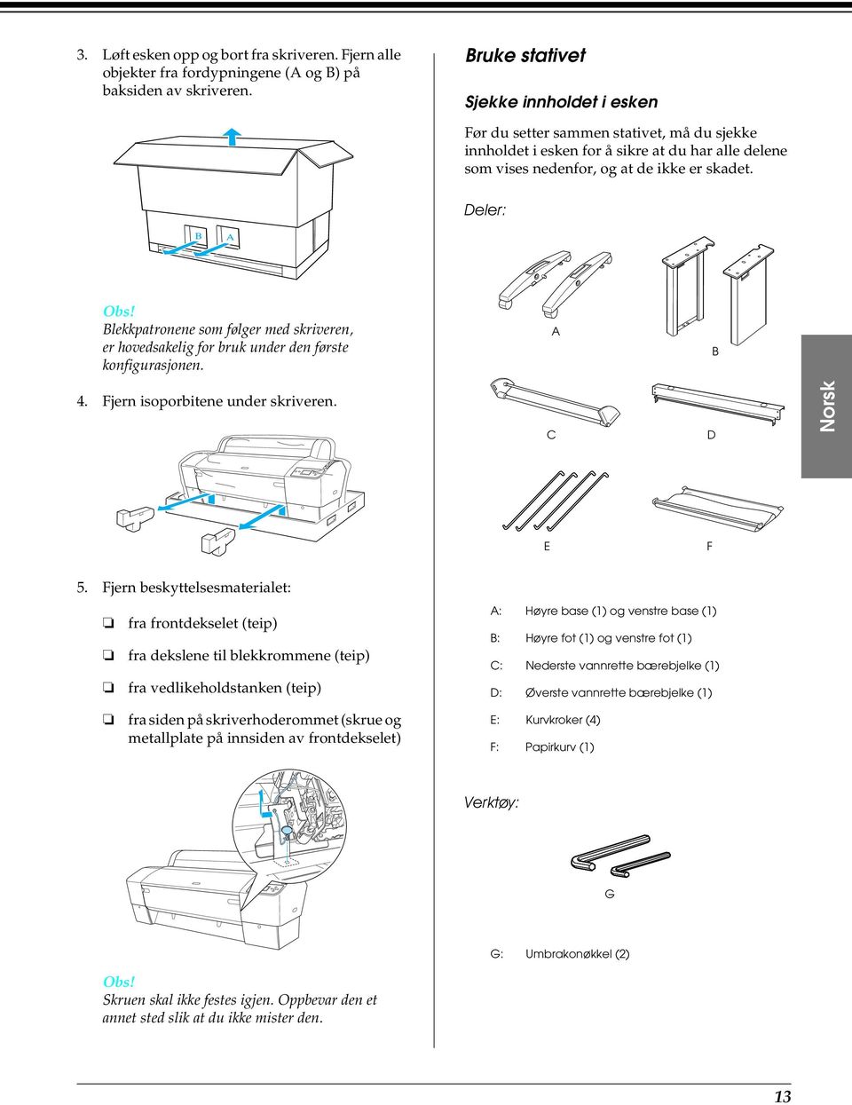 Deler: Blekkpatronene som følger med skriveren, er hovedsakelig for bruk under den første konfigurasjonen. A B 4. Fjern isoporbitene under skriveren. C D Norsk E F 5.