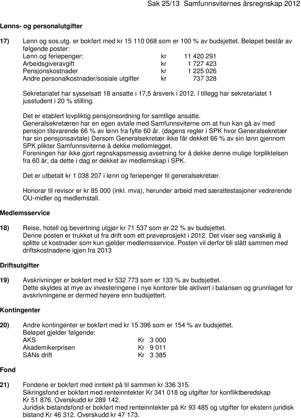 har sysselsatt 18 ansatte i 17,5 årsverk i 2012. I tillegg har sekretariatet 1 jusstudent i 20 % stilling. Det er etablert lovpliktig pensjonsordning for samtlige ansatte.