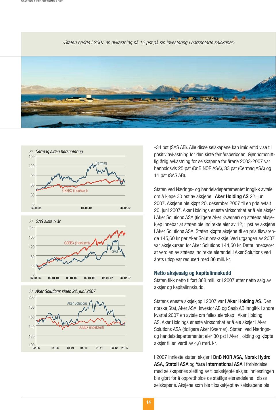 Gjennomsnittlig årlig avkastning for selskapene for årene 2003-2007 var OSEBX (indeksert) Cermaq henholdsvis 25 pst (DnB NOR ASA), 33 pst (Cermaq ASA) og 11 pst (SAS AB).