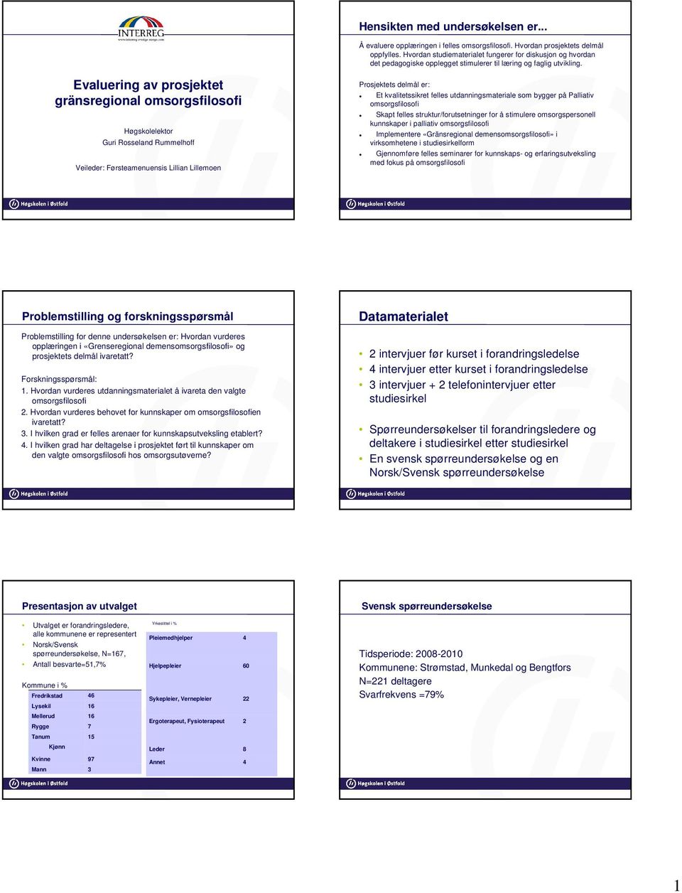 Evaluering av prosjektet gränsregional omsorgsfilosofi Høgskolelektor Guri Rosseland Rummelhoff Veileder: Førsteamenuensis Lillian Lillemoen Prosjektets delmål er: Et kvalitetssikret felles