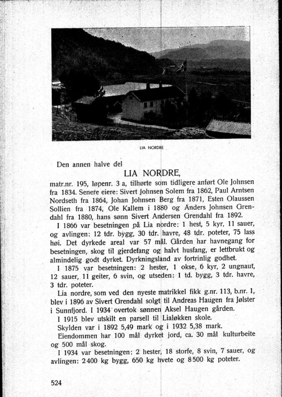 Sivert Anoersen Orendahl Ira 1892. I 1866 var besetninit" p1 Lia nordre: 1 hest 5 kyr ] 1 sauer og avlingen: 12 td r. bygg 30 Idr. lhavre 48 tdr. poteter 75 lass høi. Dd dyrkede areal var 57 m~l.