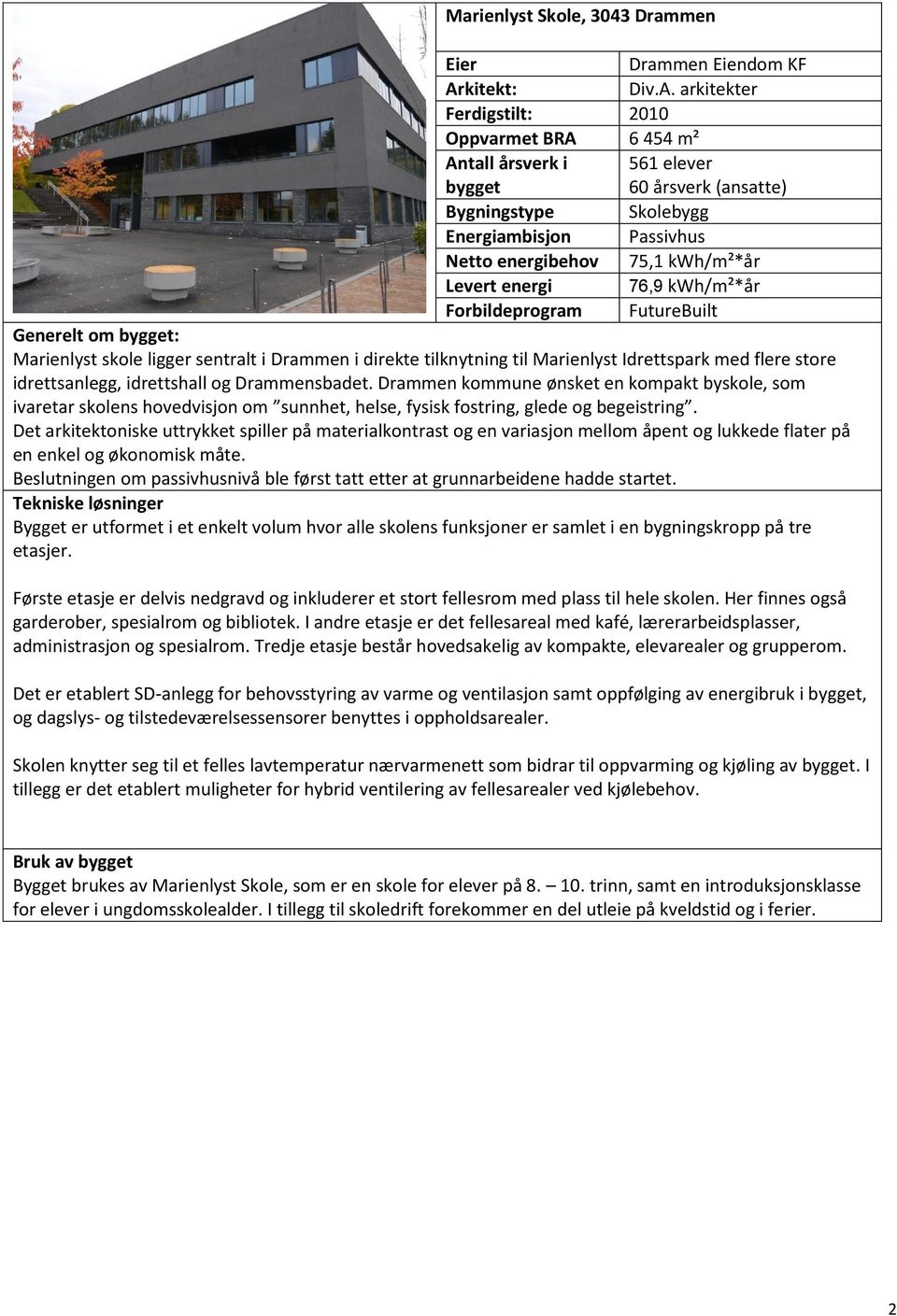 arkitekter Ferdigstilt: 2010 Oppvarmet BRA 6 454 m² Antall årsverk i 561 elever 60 årsverk (ansatte) Bygningstype Skolebygg Energiambisjon Passivhus Netto energibehov 75,1 kwh/m²*år Levert energi