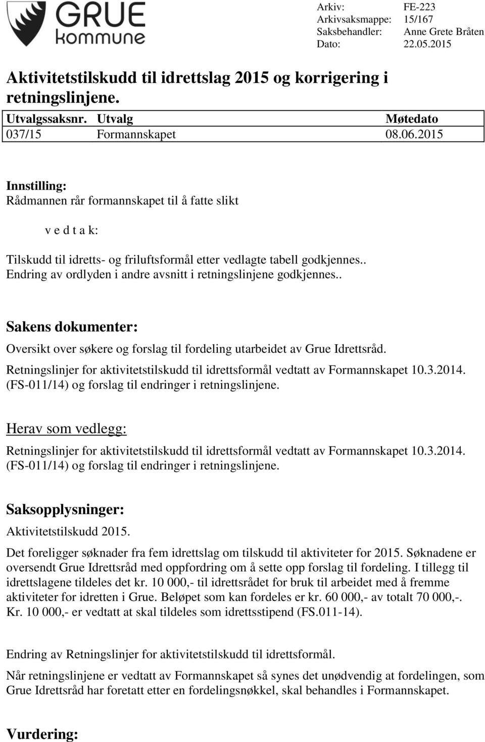 . Endring av ordlyden i andre avsnitt i retningslinjene godkjennes.. Oversikt over søkere og forslag til fordeling utarbeidet av Grue Idrettsråd.