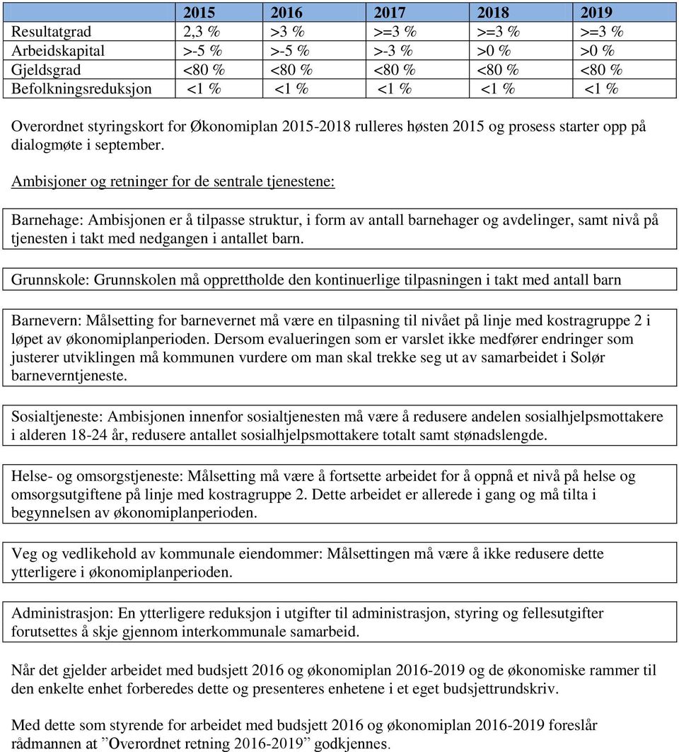 Ambisjoner og retninger for de sentrale tjenestene: Barnehage: Ambisjonen er å tilpasse struktur, i form av antall barnehager og avdelinger, samt nivå på tjenesten i takt med nedgangen i antallet