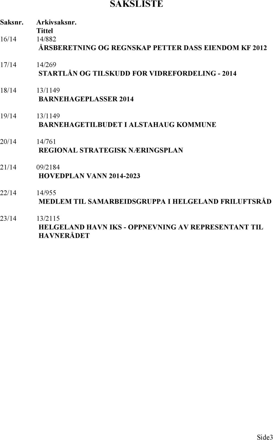 VIDREFORDELING - 2014 18/14 13/1149 BARNEHAGEPLASSER 2014 19/14 13/1149 BARNEHAGETILBUDET I ALSTAHAUG KOMMUNE 20/14