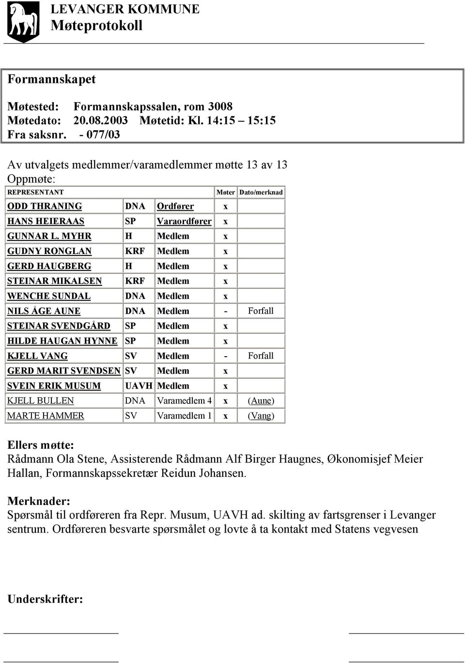 MYHR H Medlem x GUDNY RONGLAN KRF Medlem x GERD HAUGBERG H Medlem x STEINAR MIKALSEN KRF Medlem x WENCHE SUNDAL DNA Medlem x Møter Dato/merknad NILS ÅGE AUNE DNA Medlem - Forfall STEINAR SVENDGÅRD SP