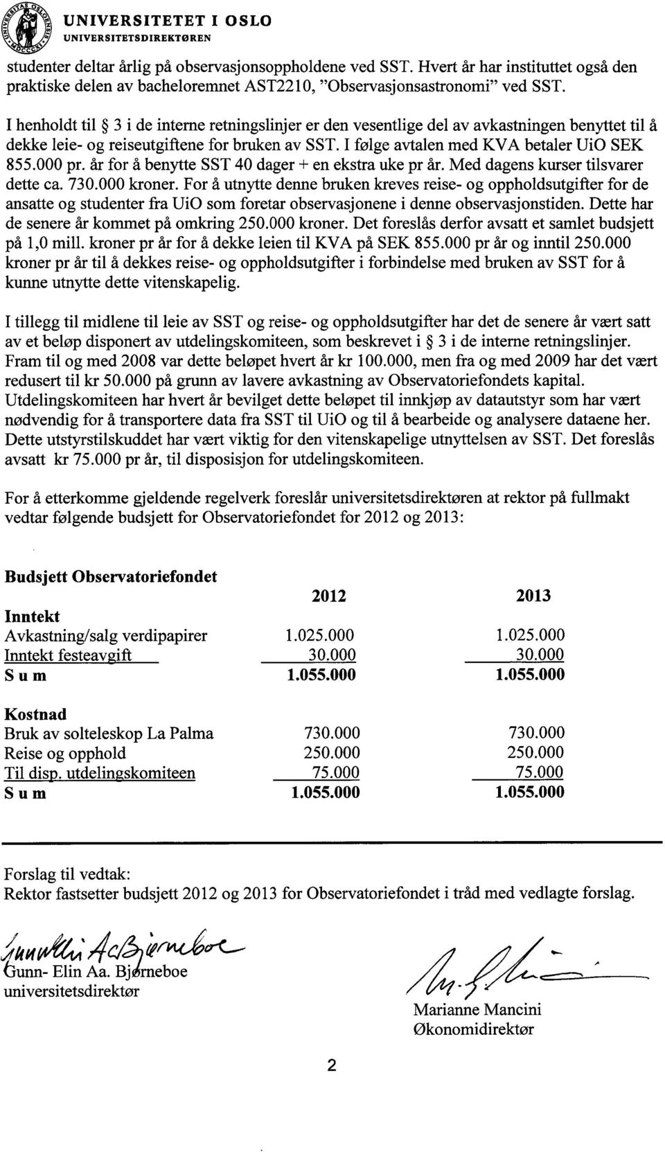 I henholdt til 3 i de interne retningslinjer er den vesentlige del av avkastningen benyttet til å dekke leie- og reiseutgiftene for bruken av SST. I følge avtalen med KVA betaler UiO SEK 855.000 pr.