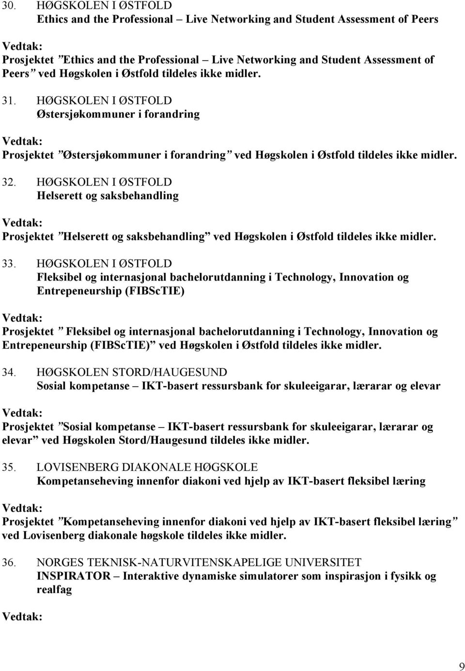 HØGSKOLEN I ØSTFOLD Helserett og saksbehandling Prosjektet Helserett og saksbehandling ved Høgskolen i Østfold tildeles ikke midler. 33.