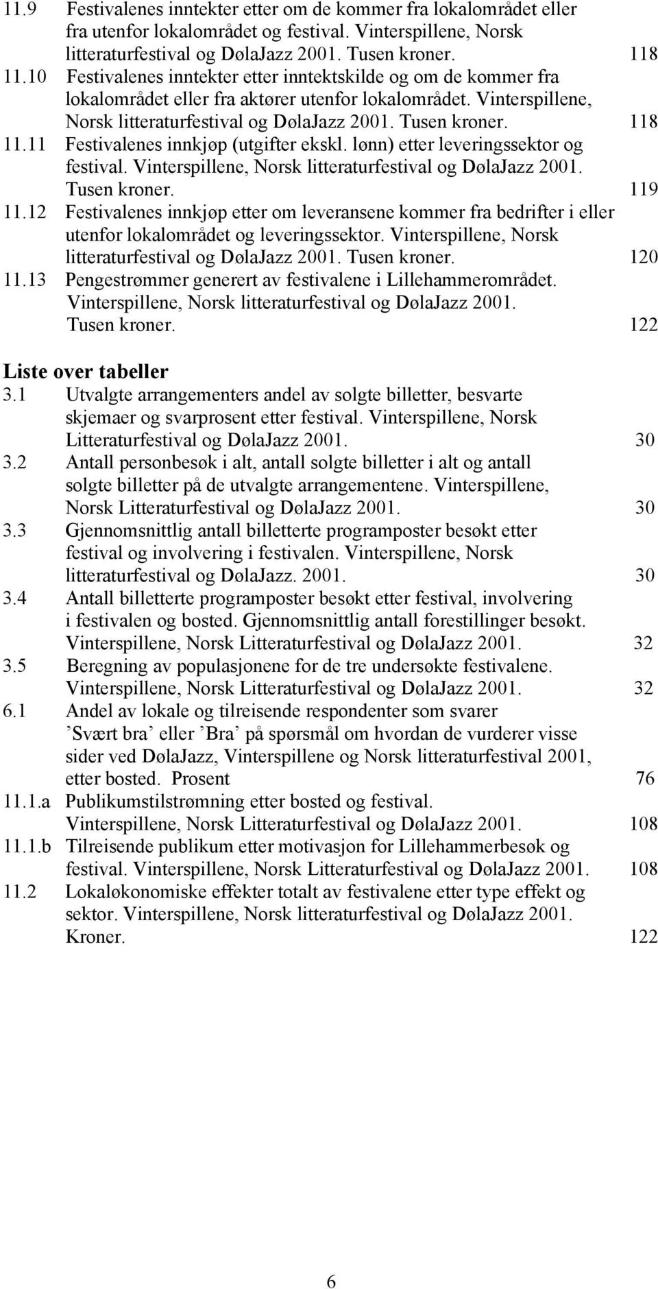 11 Festivalenes innkjøp (utgifter ekskl. lønn) etter leveringssektor og festival. Vinterspillene, Norsk litteraturfestival og DølaJazz 2001. Tusen kroner. 119 11.