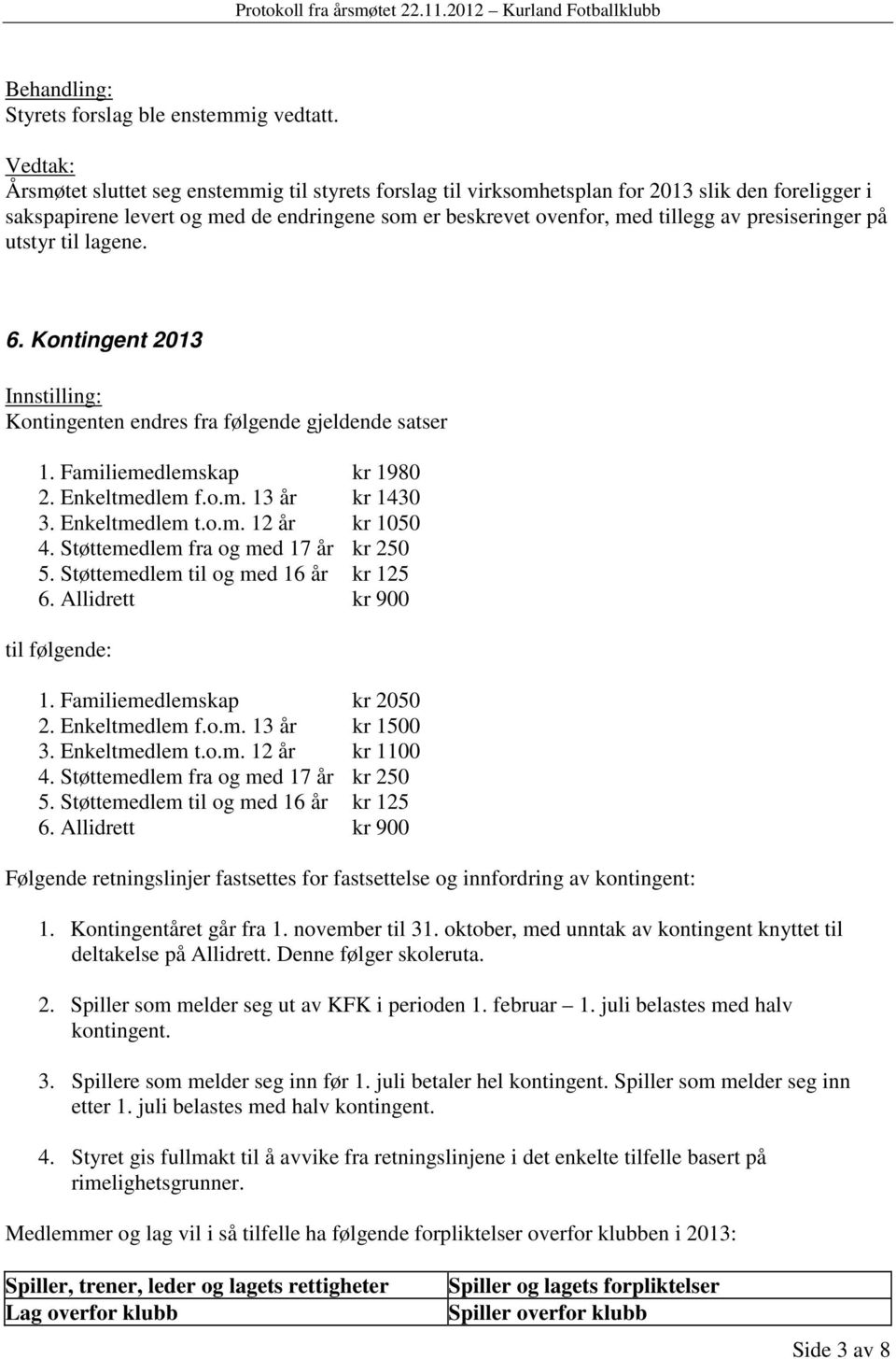 på utstyr til lagene. 6. Kontingent 2013 Kontingenten endres fra følgende gjeldende satser 1. Familiemedlemskap kr 1980 2. Enkeltmedlem f.o.m. 13 år kr 1430 3. Enkeltmedlem t.o.m. 12 år kr 1050 4.