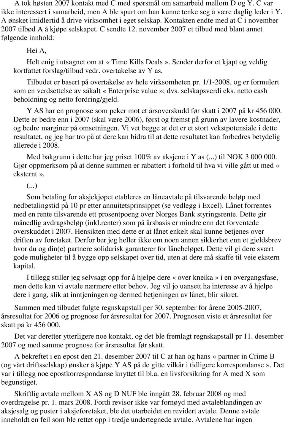 november 2007 et tilbud med blant annet følgende innhold: Hei A, Helt enig i utsagnet om at «Time Kills Deals». Sender derfor et kjapt og veldig kortfattet forslag/tilbud vedr. overtakelse av Y as.