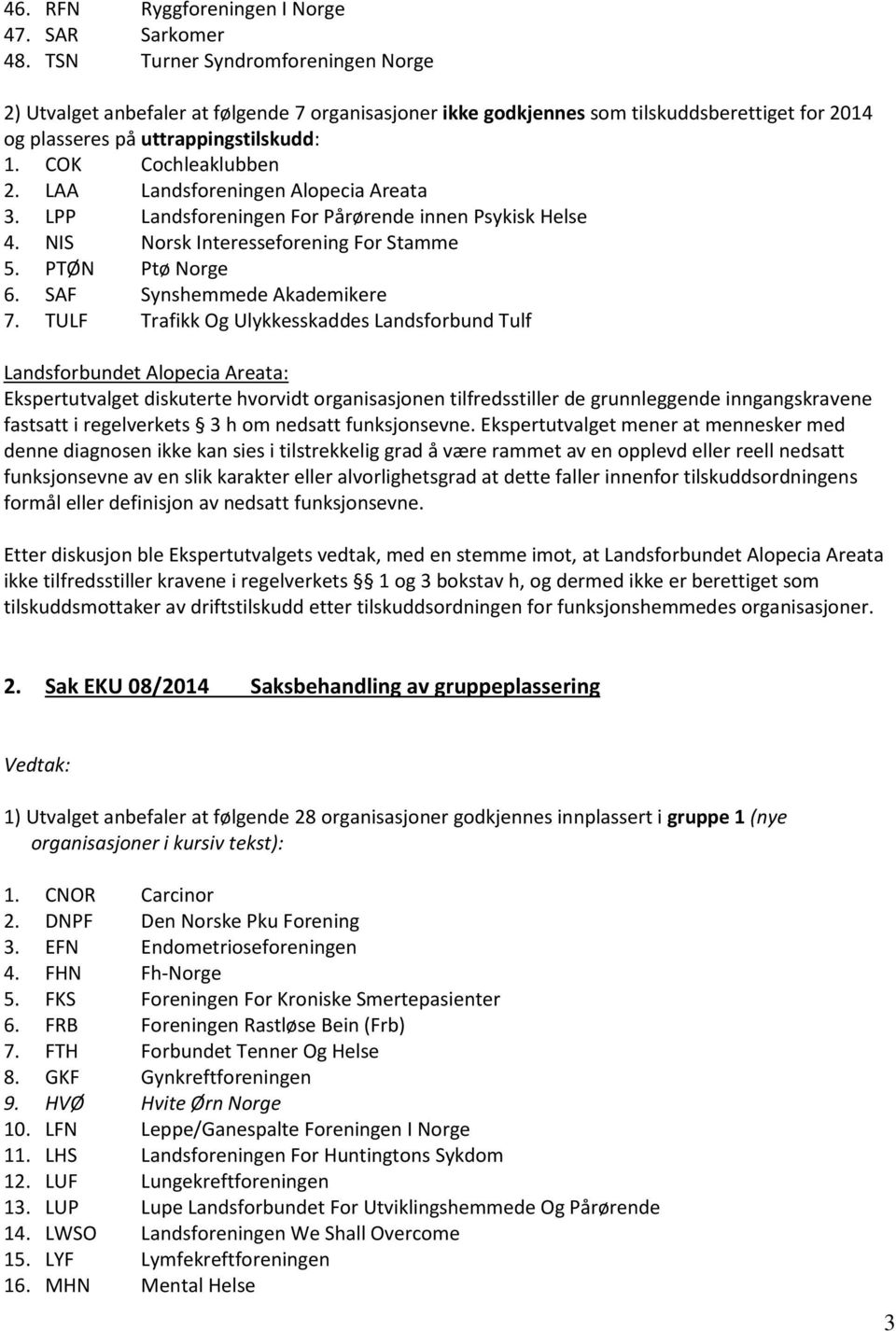 LAA Landsforeningen Alopecia Areata 3. LPP Landsforeningen For Pårørende innen Psykisk Helse 4. NIS Norsk Interesseforening For Stamme 5. PTØN Ptø Norge 6. SAF Synshemmede Akademikere 7.