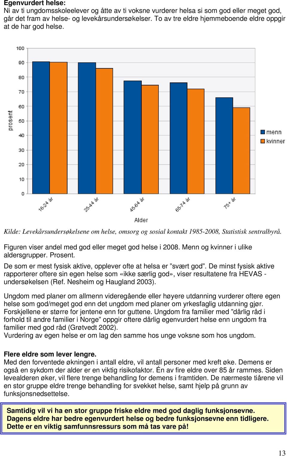 Figuren viser andel med god eller meget god helse i 2008. Menn og kvinner i ulike aldersgrupper. Prosent. De som er mest fysisk aktive, opplever ofte at helsa er svært god.