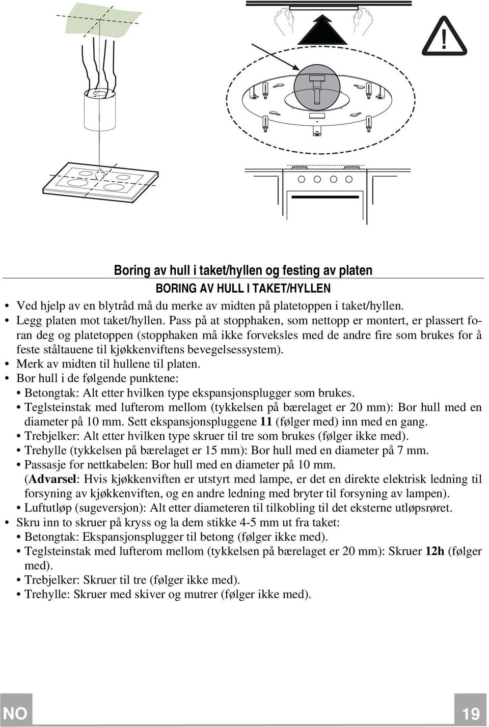 bevegelsessystem). Merk av midten til hullene til platen. Bor hull i de følgende punktene: Betongtak: Alt etter hvilken type ekspansjonsplugger som brukes.