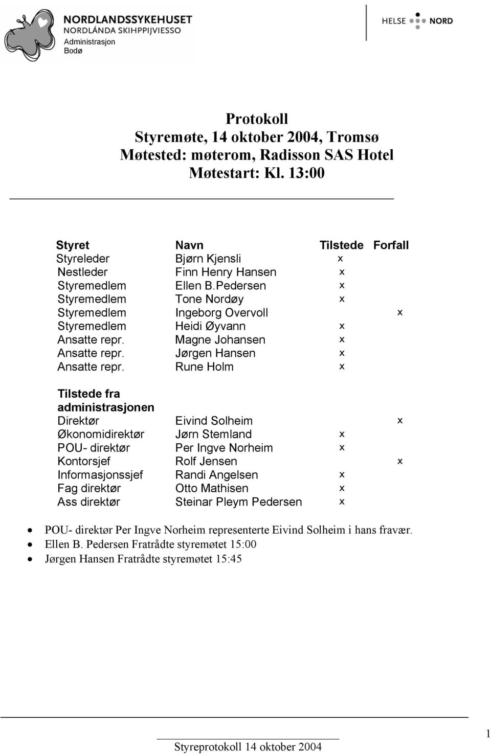 Pedersen x Styremedlem Tone Nordøy x Styremedlem Ingeborg Overvoll x Styremedlem Heidi Øyvann x Ansatte repr. Magne Johansen x Ansatte repr. Jørgen Hansen x Ansatte repr.