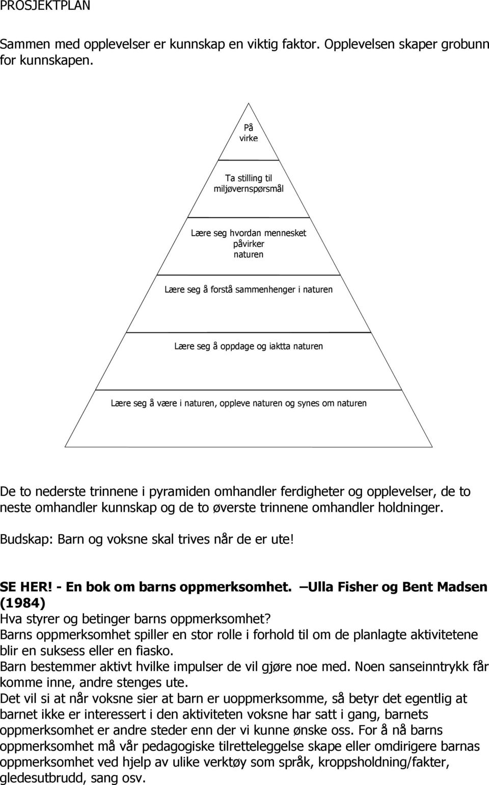 naturen og synes om naturen De to nederste trinnene i pyramiden omhandler ferdigheter og opplevelser, de to neste omhandler kunnskap og de to øverste trinnene omhandler holdninger.