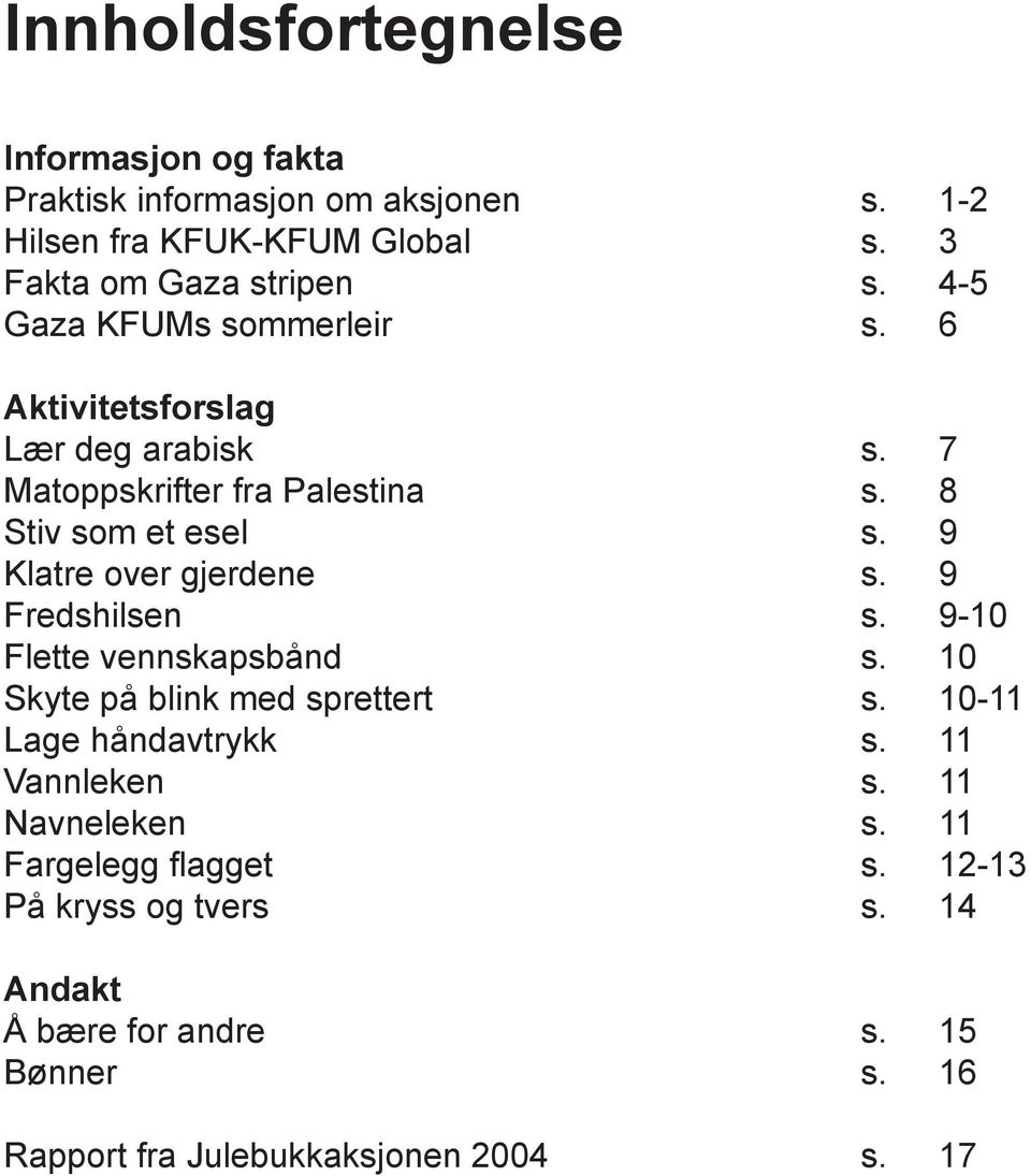 9 Klatre over gjerdene s. 9 Fredshilsen s. 9-10 Flette vennskapsbånd s. 10 Skyte på blink med sprettert s. 10-11 Lage håndavtrykk s.