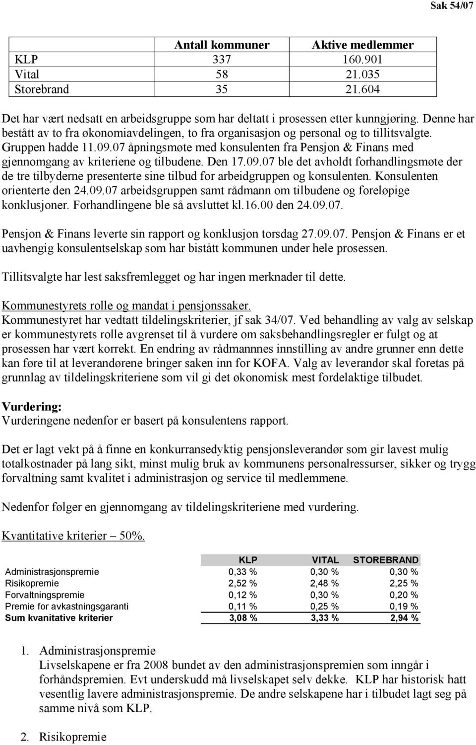 07 åpningsmøte med konsulenten fra Pensjon & Finans med gjennomgang av kriteriene og tilbudene. Den 17.09.