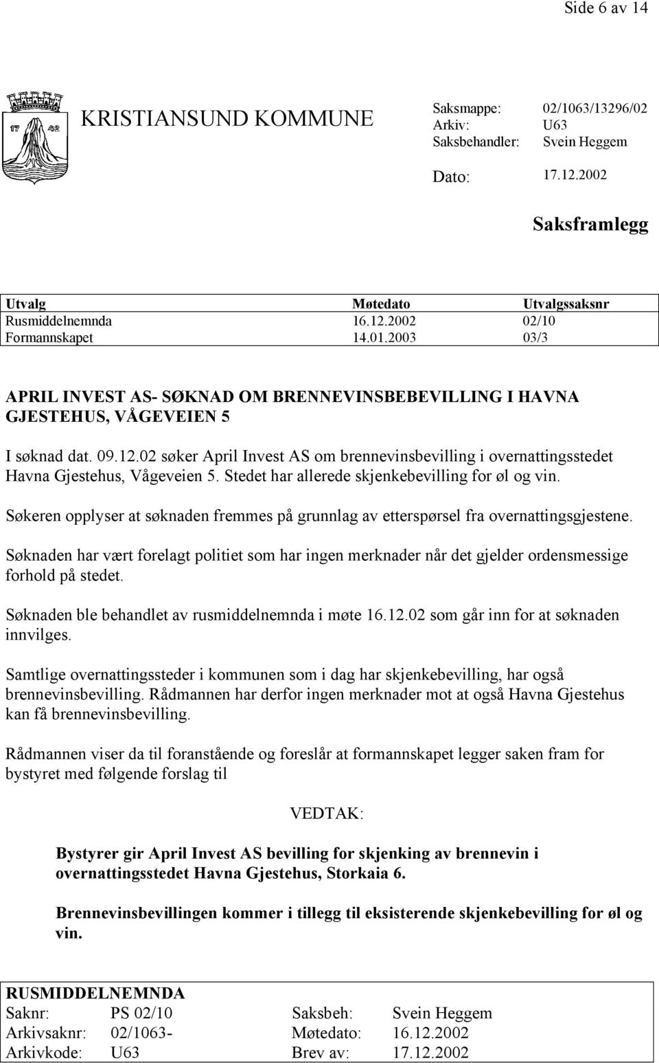 02 søker April Invest AS om brennevinsbevilling i overnattingsstedet Havna Gjestehus, Vågeveien 5. Stedet har allerede skjenkebevilling for øl og vin.