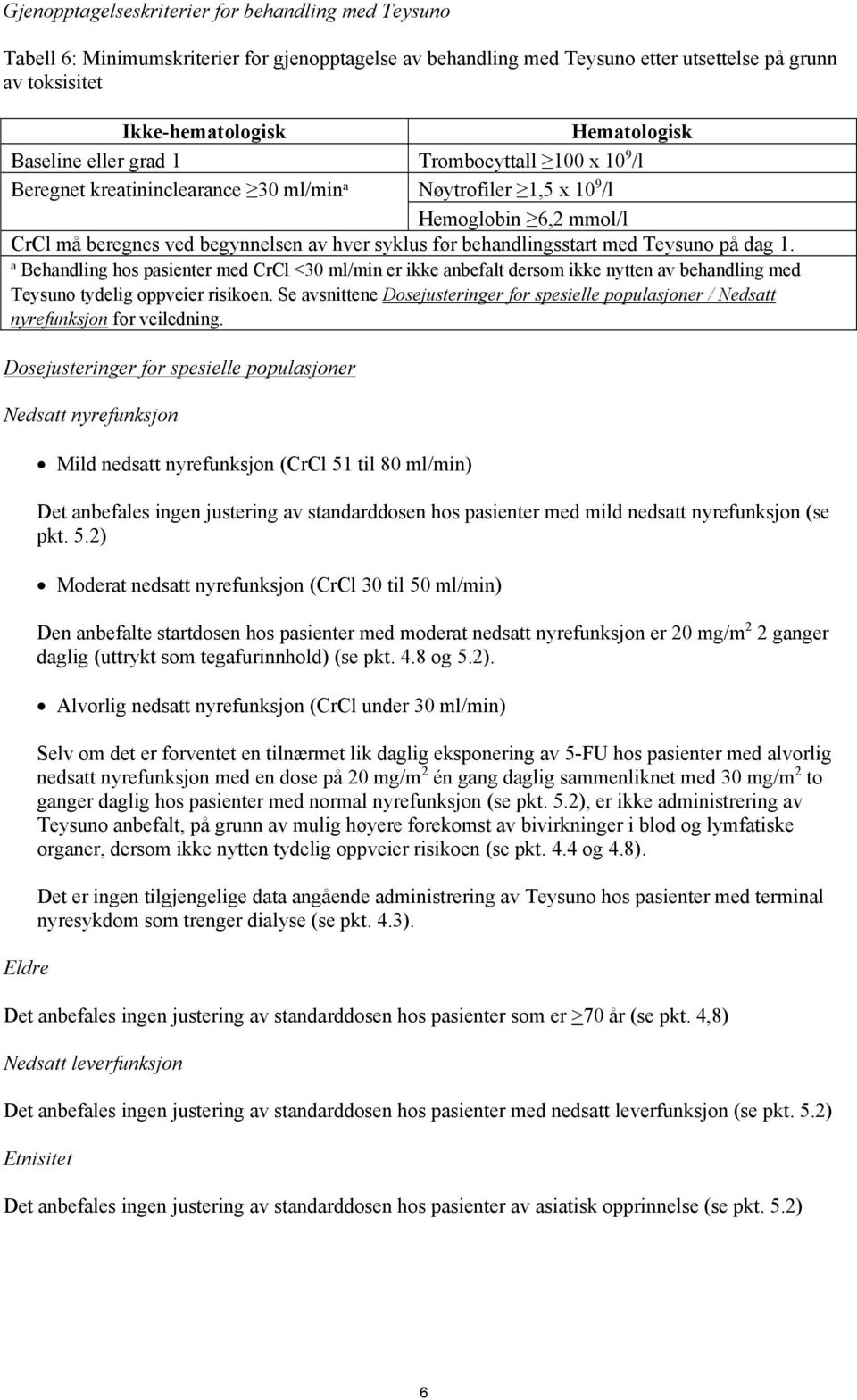 behandlingsstart med Teysuno på dag 1. a Behandling hos pasienter med CrCl <30 ml/min er ikke anbefalt dersom ikke nytten av behandling med Teysuno tydelig oppveier risikoen.