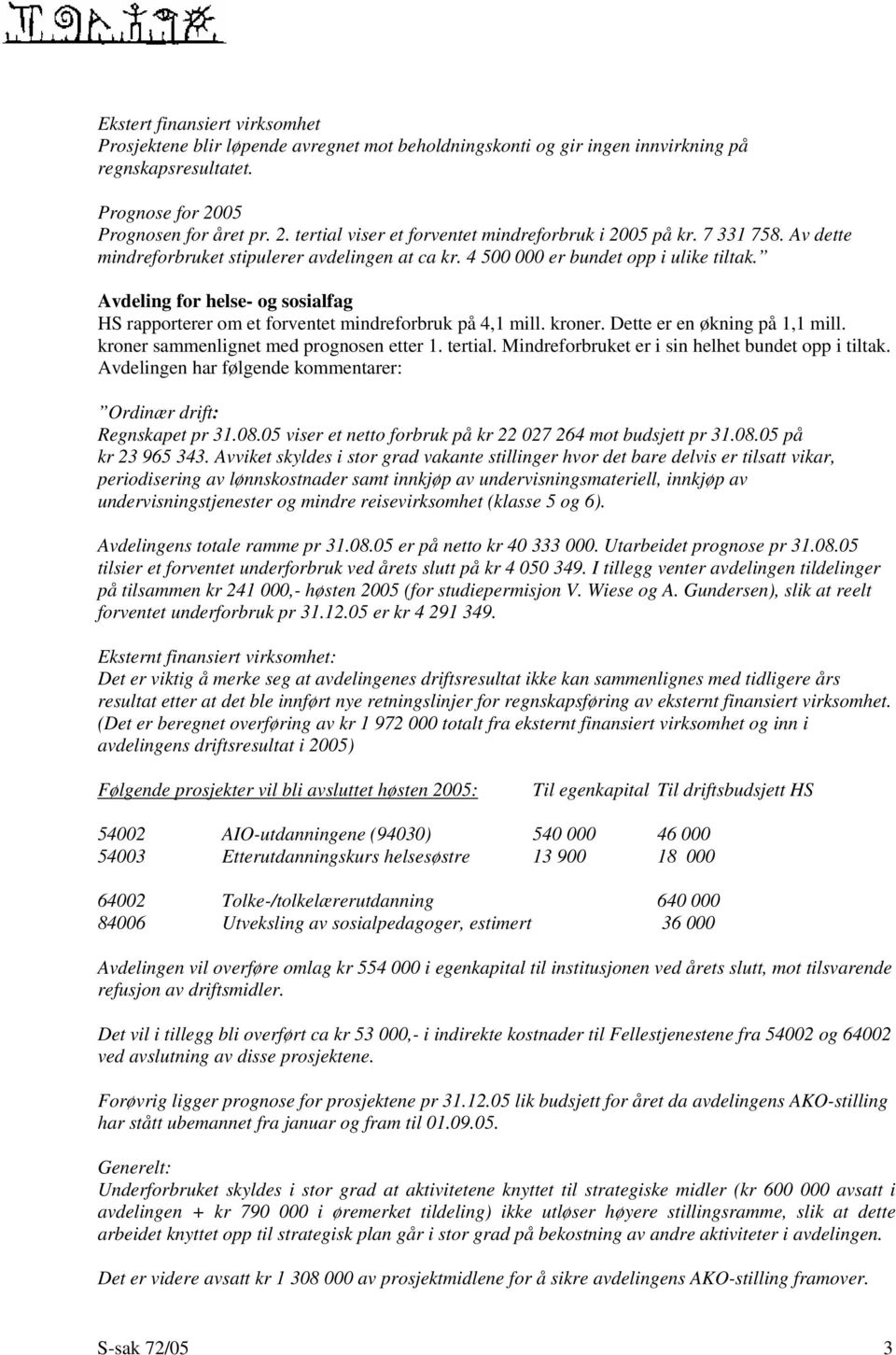 Avdeling for helse- og sosialfag HS rapporterer om et forventet mindreforbruk på 4,1 mill. kroner. Dette er en økning på 1,1 mill. kroner sammenlignet med prognosen etter 1. tertial.