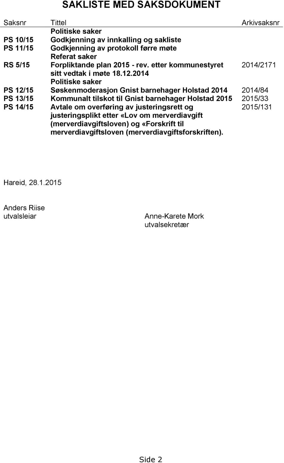 2014 Politiske saker PS 12/15 Søskenmoderasjon Gnist barnehager Holstad 2014 2014/84 PS 13/15 Kommunalt tilskot til Gnist barnehager Holstad 2015 2015/33 PS 14/15 Avtale om