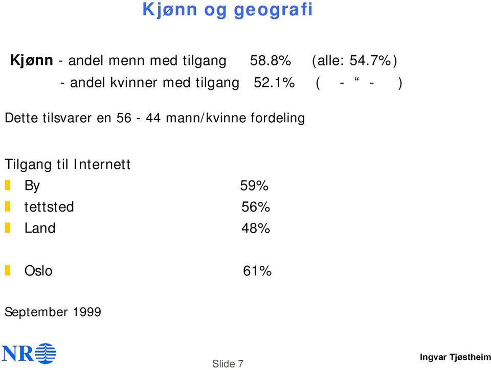 1% ( - - ) Dette tilsvarer en 56-44 mann/kvinne fordeling