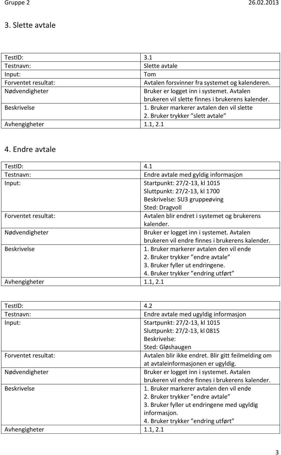 1 Endre avtale med gyldig informasjon Startpunkt: 27/2-13, kl 1015 Sluttpunkt: 27/2-13, kl 1700 : SU3 gruppeøving Sted: Dragvoll Avtalen blir endret i systemet og brukerens kalender.