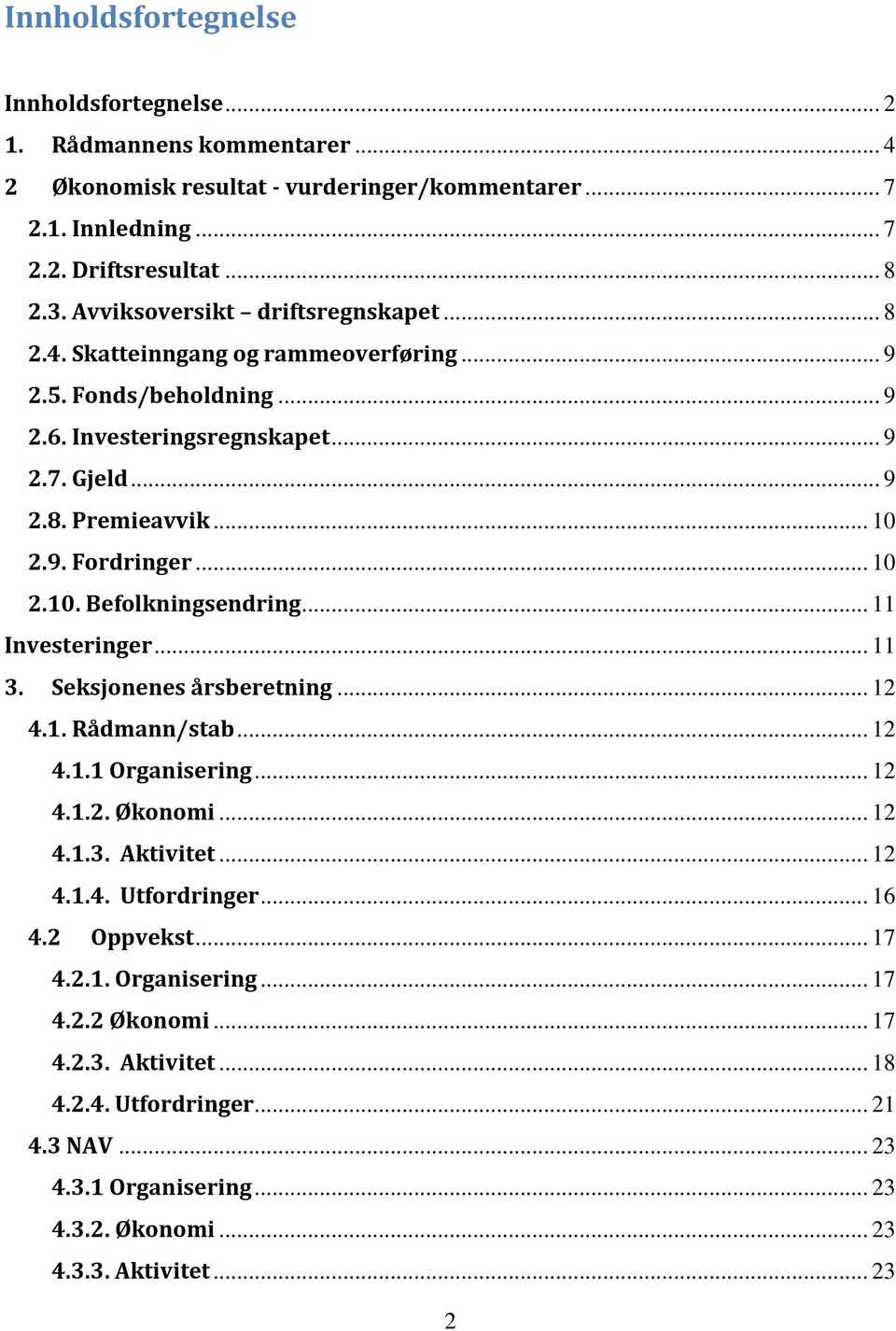 .. 10 2.10. Befolkningsendring... 11 Investeringer... 11 3. Seksjonenes årsberetning... 12 4.1. Rådmann/stab... 12 4.1.1 Organisering... 12 4.1.2. Økonomi... 12 4.1.3. Aktivitet... 12 4.1.4. Utfordringer.