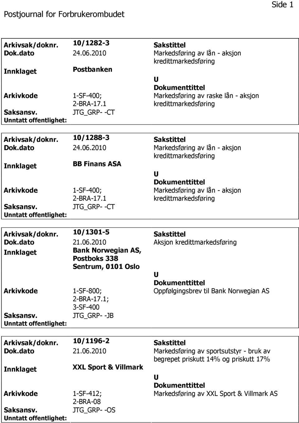 2010 Markedsføring av lån - aksjon kredittmarkedsføring nnklaget BB Finans ASA 1-SF-400; 17.1 JTG_GRP- -CT Markedsføring av lån - aksjon kredittmarkedsføring Arkivsak/doknr. 10/1301-5 Sakstittel Dok.