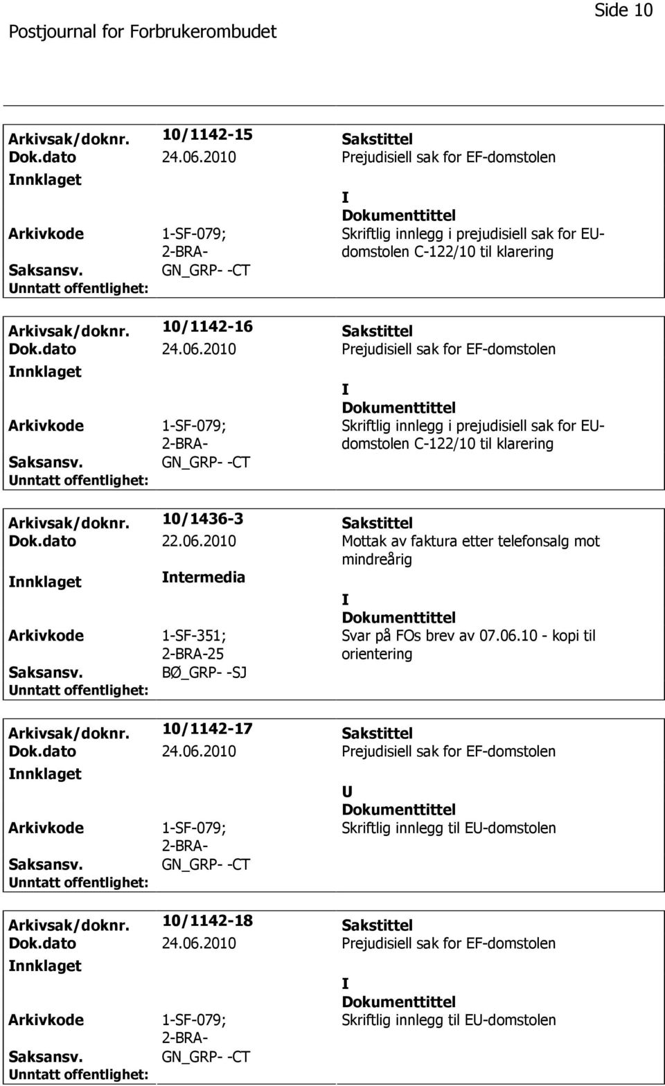 06.2010 Mottak av faktura etter telefonsalg mot mindreårig nnklaget ntermedia 1-SF-351; 25 BØ_GRP- -SJ Svar på FOs brev av 07.06.10 - kopi til orientering Arkivsak/doknr.