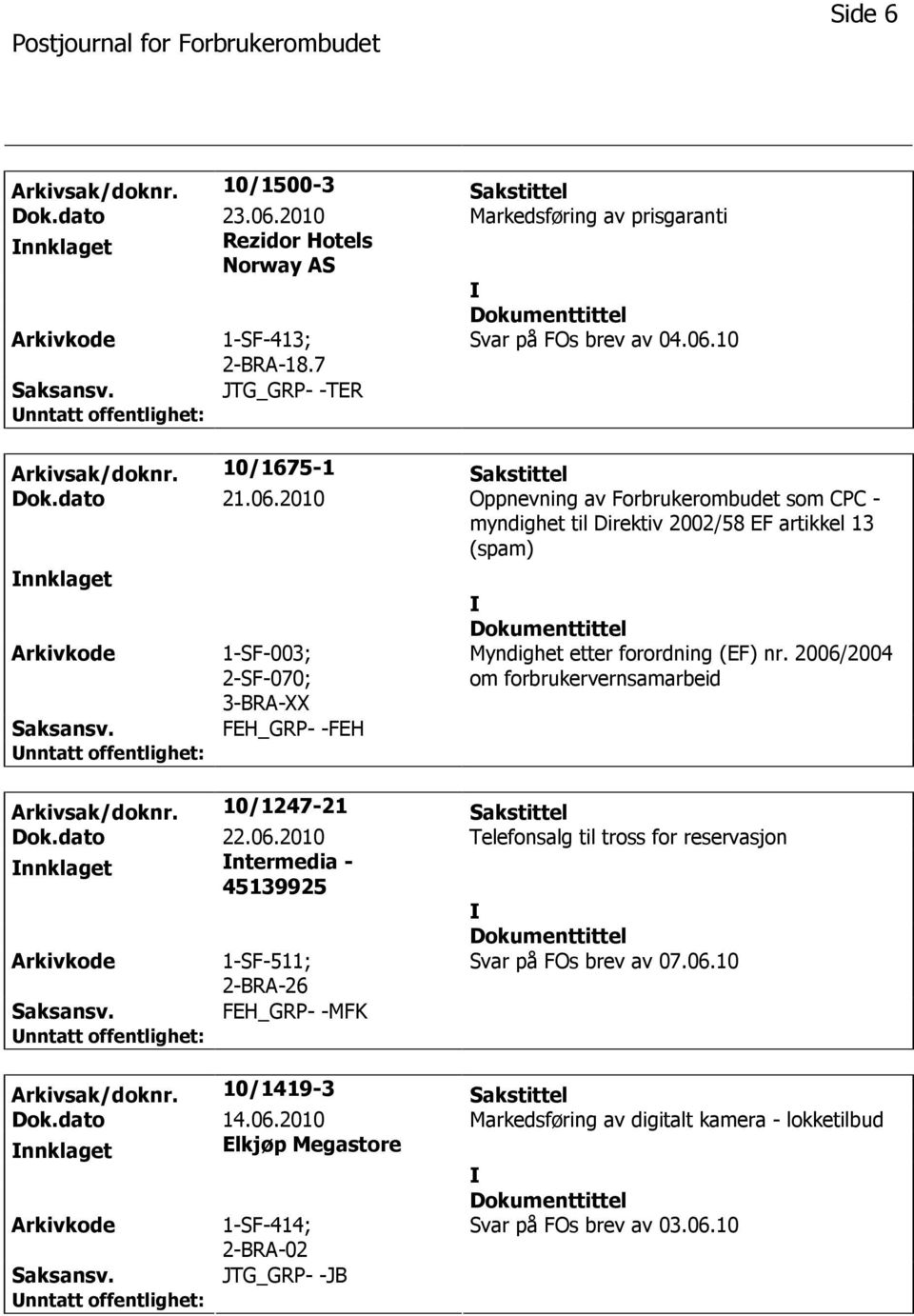 2010 Oppnevning av Forbrukerombudet som CPC - myndighet til Direktiv 2002/58 EF artikkel 13 (spam) nnklaget 1-SF-003; 2-SF-070; 3-BRA-XX FEH_GRP- -FEH Myndighet etter forordning (EF) nr.