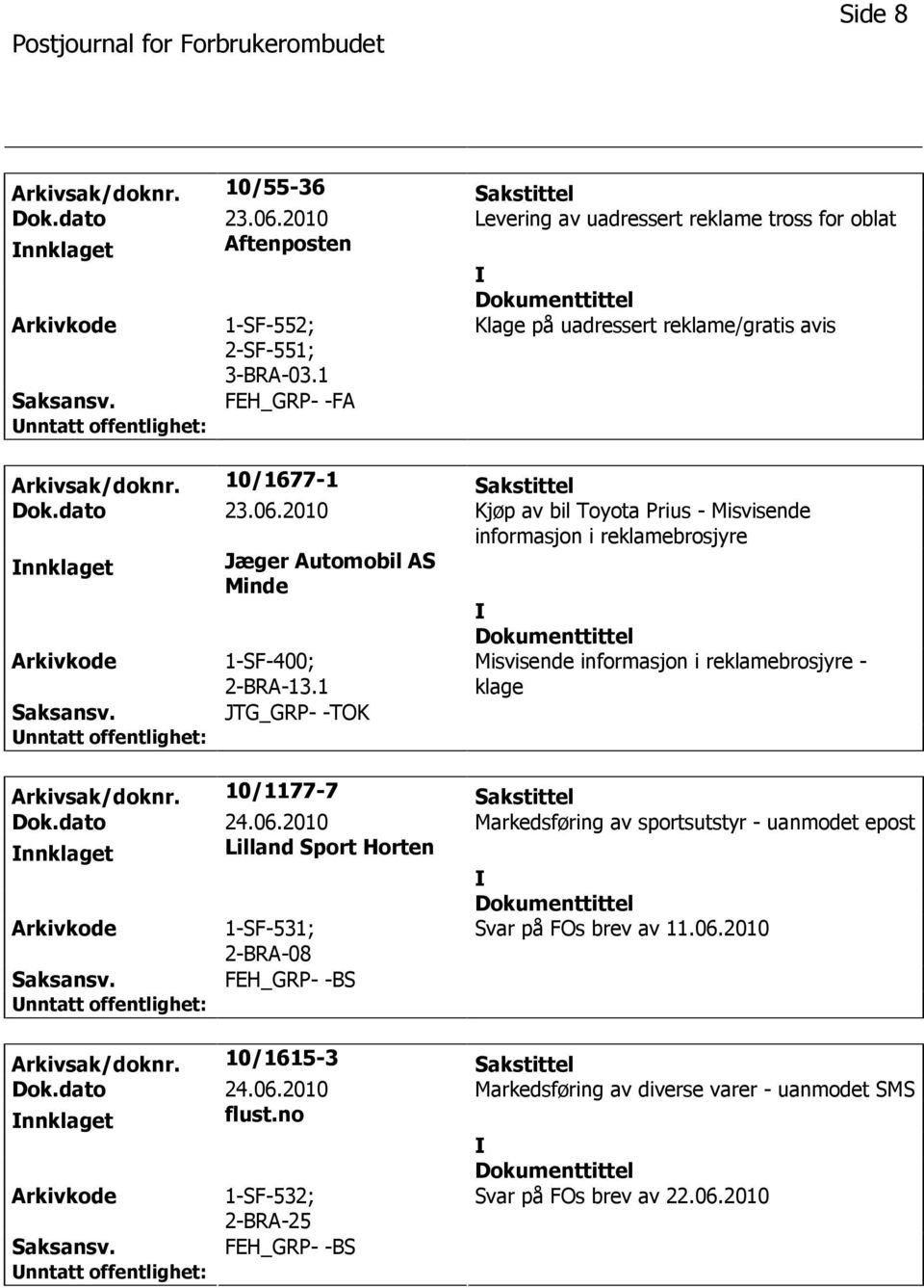 2010 Kjøp av bil Toyota Prius - Misvisende informasjon i reklamebrosjyre nnklaget Jæger Automobil AS Minde 1-SF-400; 13.1 JTG_GRP- -TOK Misvisende informasjon i reklamebrosjyre - klage Arkivsak/doknr.