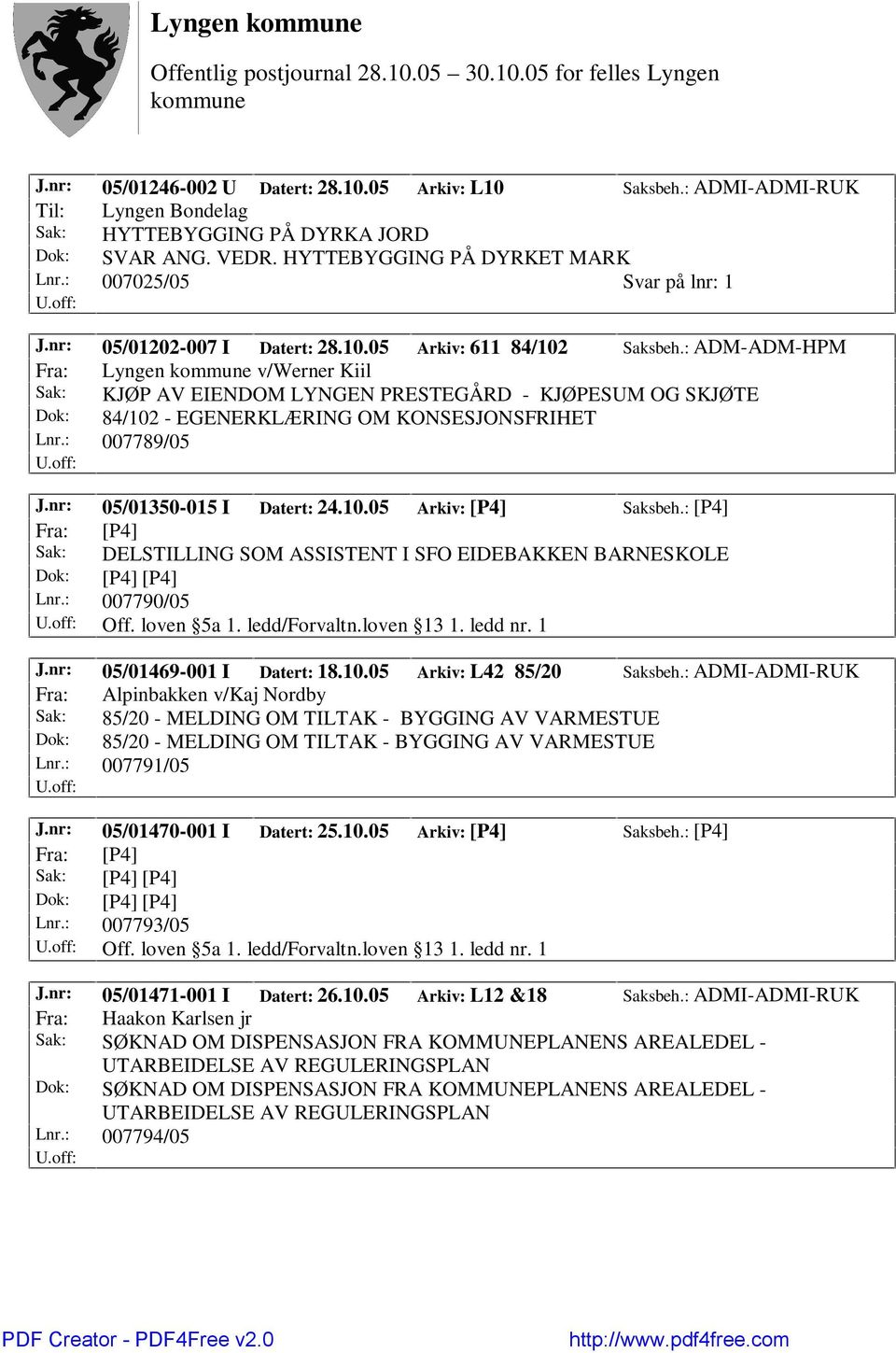 : ADM-ADM-HPM Fra: Lyngen v/werner Kiil Sak: KJØP AV EIENDOM LYNGEN PRESTEGÅRD - KJØPESUM OG SKJØTE Dok: 84/102 - EGENERKLÆRING OM KONSESJONSFRIHET Lnr.: 007789/05 J.nr: 05/01350-015 I Datert: 24.10.05 Arkiv: [P4] Saksbeh.