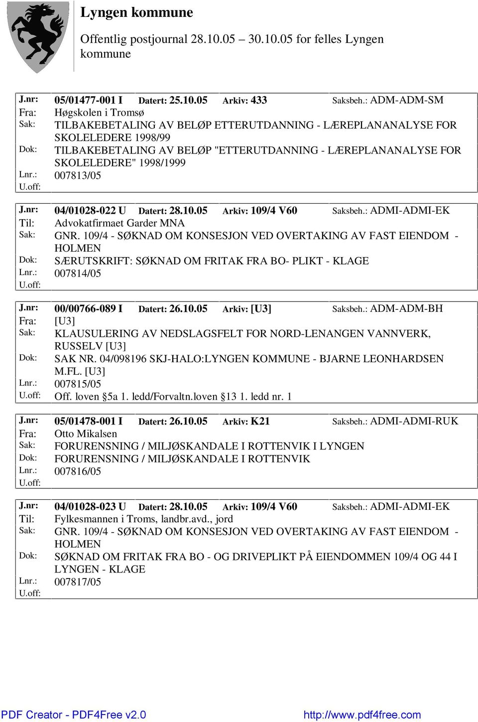 SKOLELEDERE" 1998/1999 Lnr.: 007813/05 J.nr: 04/01028-022 U Datert: 28.10.05 Arkiv: 109/4 V60 Saksbeh.: ADMI-ADMI-EK Til: Advokatfirmaet Garder MNA Sak: GNR.