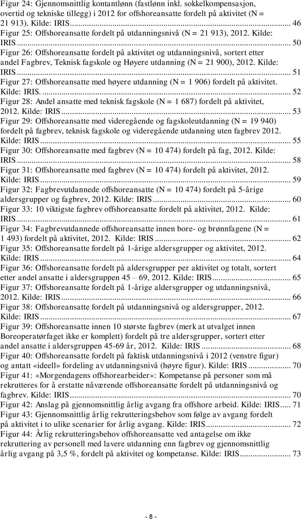 .. 50 Figur 26: Offshoreansatte fordelt på aktivitet og utdanningsnivå, sortert etter andel Fagbrev, Teknisk fagskole og Høyere utdanning (N = 21 900), 2012. Kilde: IRIS.