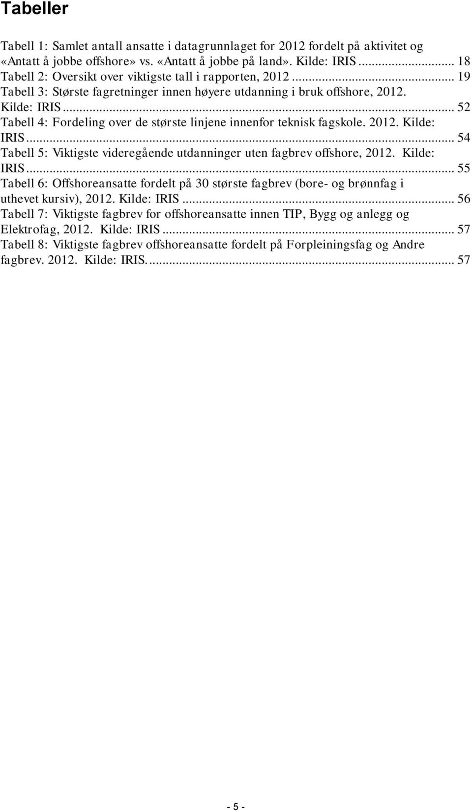 .. 52 Tabell 4: Fordeling over de største linjene innenfor teknisk fagskole. 2012. Kilde: IRIS... 54 Tabell 5: Viktigste videregående utdanninger uten fagbrev offshore, 2012. Kilde: IRIS... 55 Tabell 6: Offshoreansatte fordelt på 30 største fagbrev (bore- og brønnfag i uthevet kursiv), 2012.